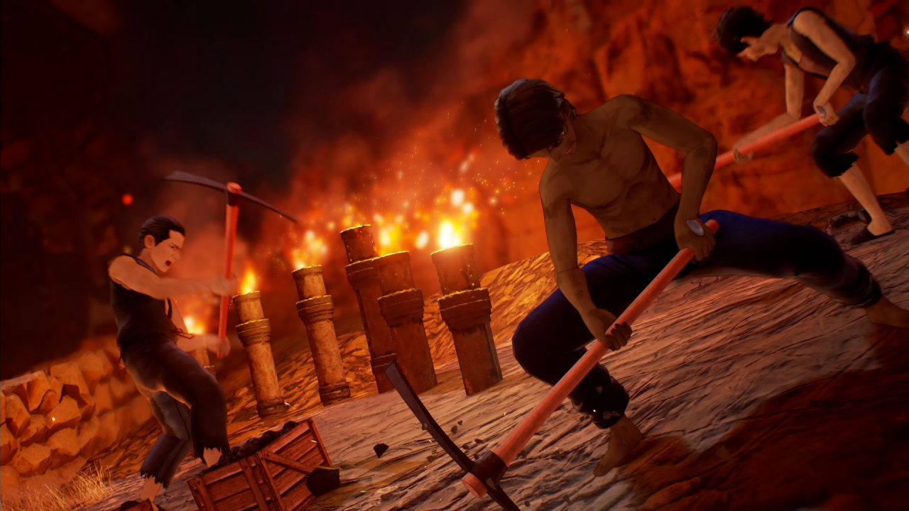 Tales of Arise screenshot depicting three shabbily-dressed men working via torchlight with pickaxes.