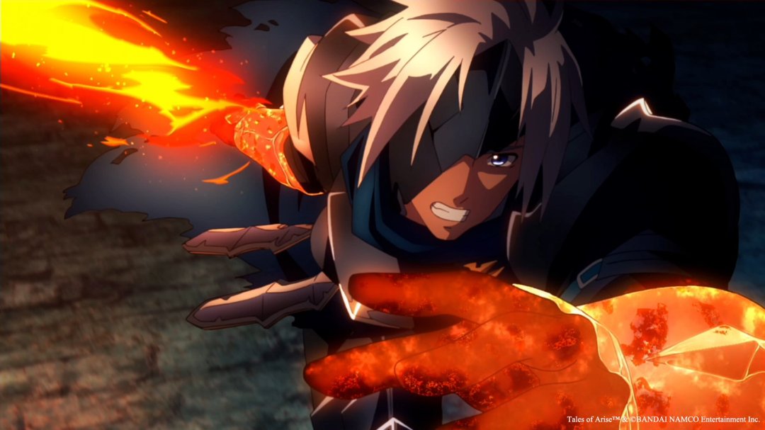 Protagonist Alphen of Tales of Arise attacking with a flaming sword.