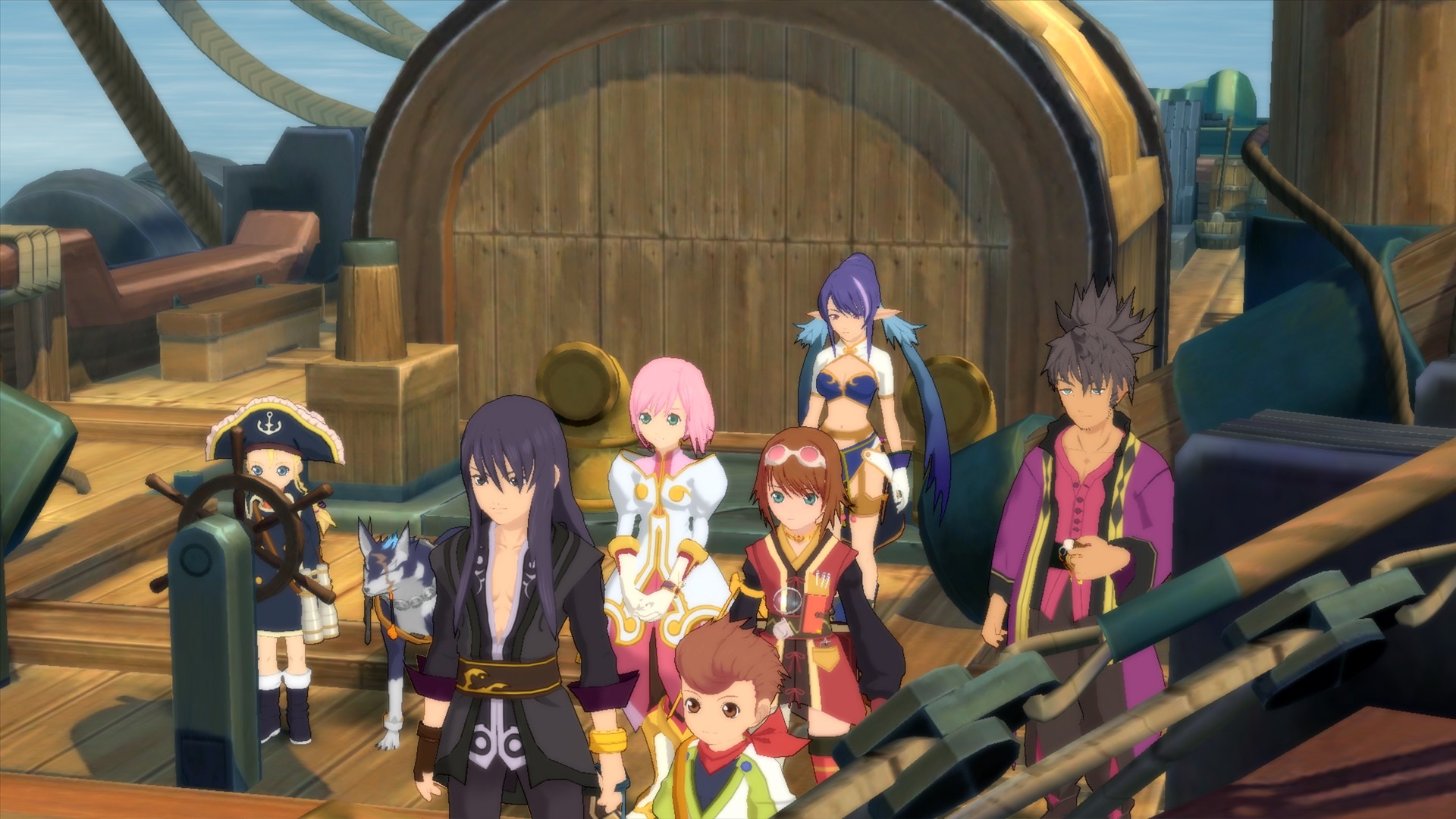 Screenshot of the entire Tales of Vesperia cast on an airship.