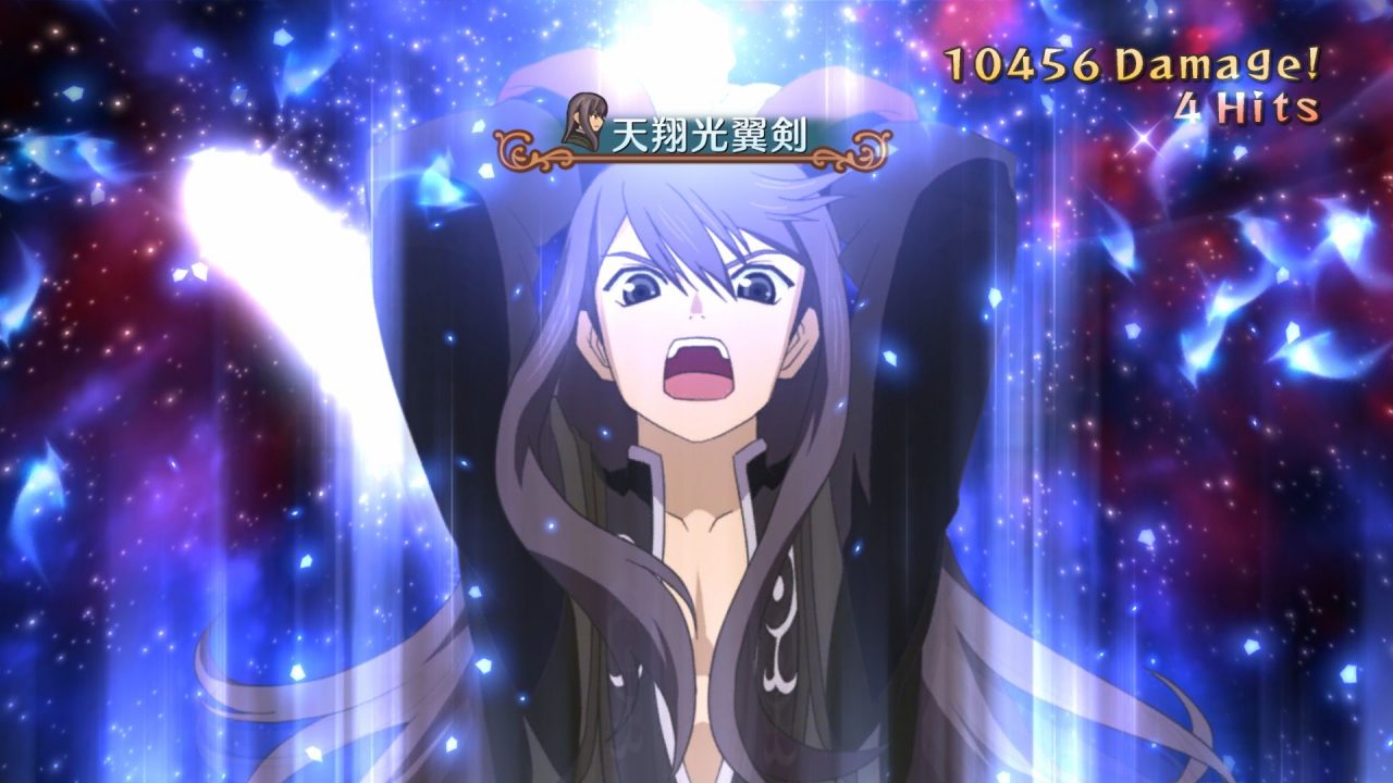 Screenshot From Tales of Vesperia of a long-haired man raising his arms up while yelling, ready to attack.