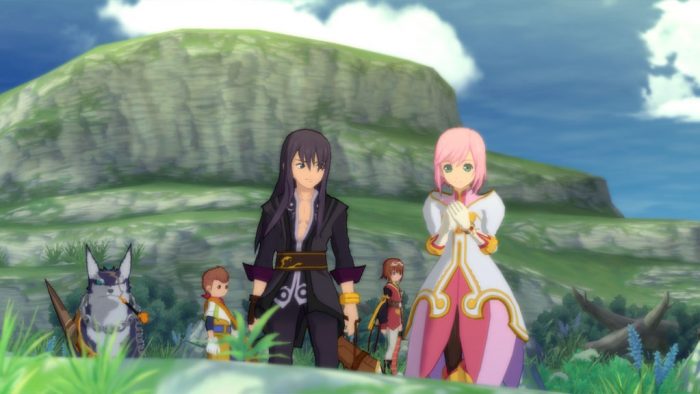 Tales of Vesperia screenshot of the cast walking up a verdant hill on a bright day