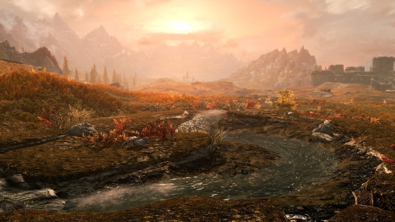 A beautiful autumnal landscape in the Riften region of Skyrim.