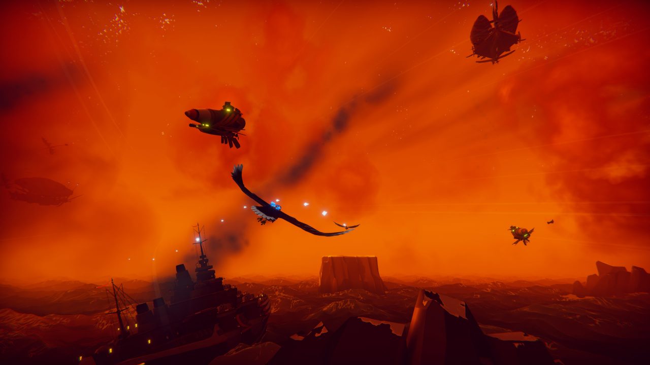 The bird and titular hero soar through a sunset sky in The Falconeer.