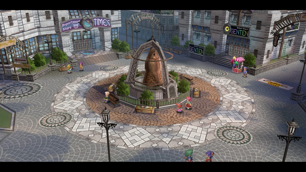 The Legend of Heroes: Trails from Zero screenshot of Crossbell city’s Central Square, featuring the Times Department Store in the upper left, Genten Orbal Store in the upper right, and a large bronze bell in the center.