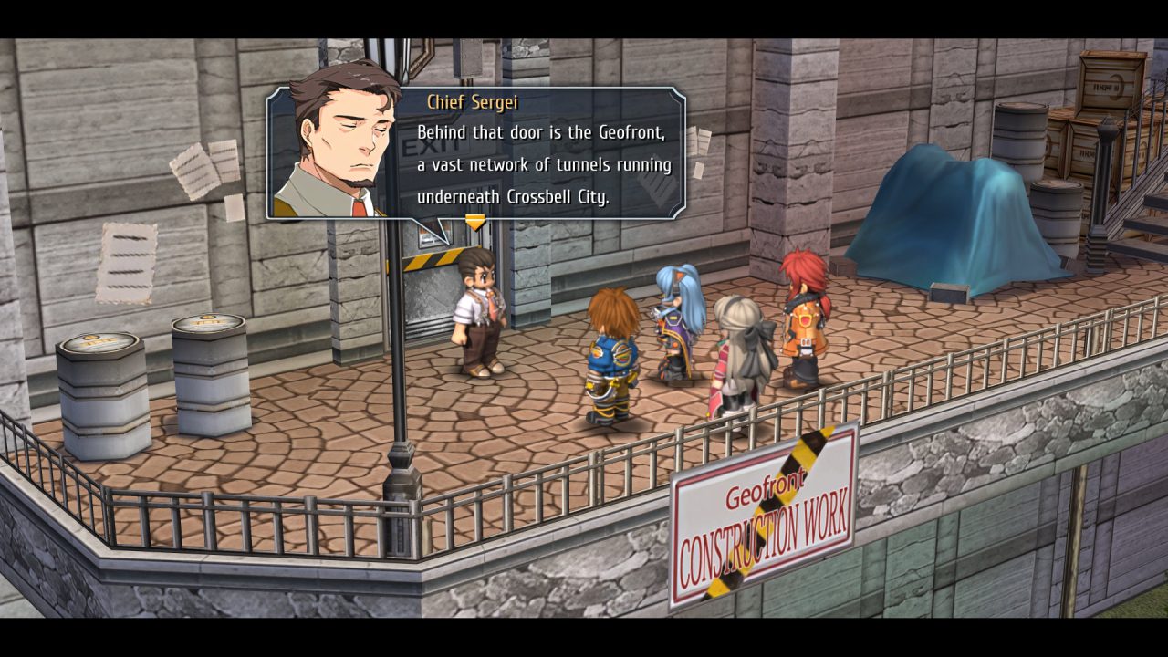 The Legend of Heroes: Trails from Zero screenshot of Chief Sergei introducing Lloyd, Elie, Tio, and Randy to the Geofront as part of their first assignment as the Special Support Section.