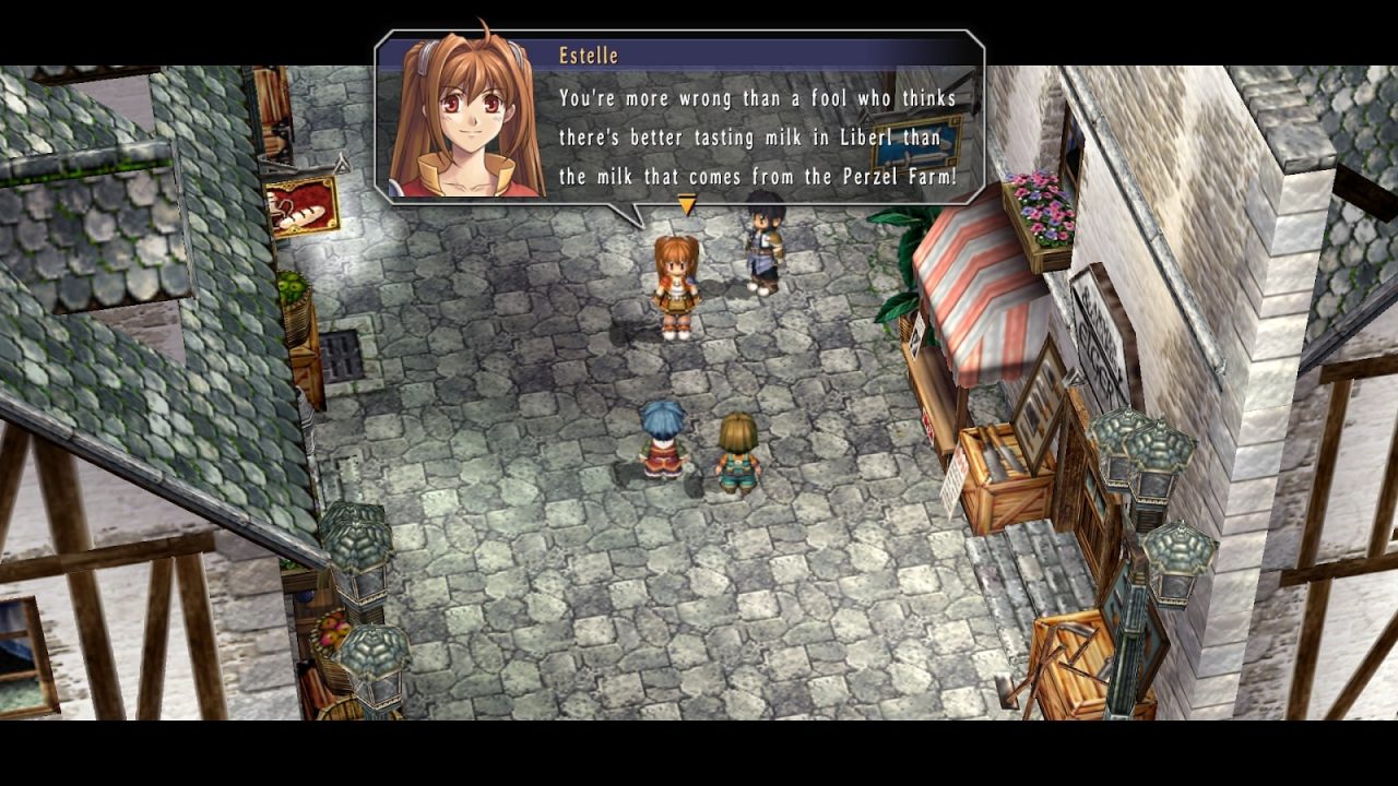 The Legend of Heroes Trails in the Sky FC Screenshot of Estelle laying some dairy-based smackdown on some kids.