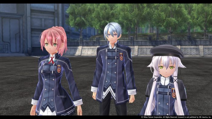 Captura de tela do Trails of Cold Steel IV de Juna, Kurt e Altina em seus uniformes escolares.