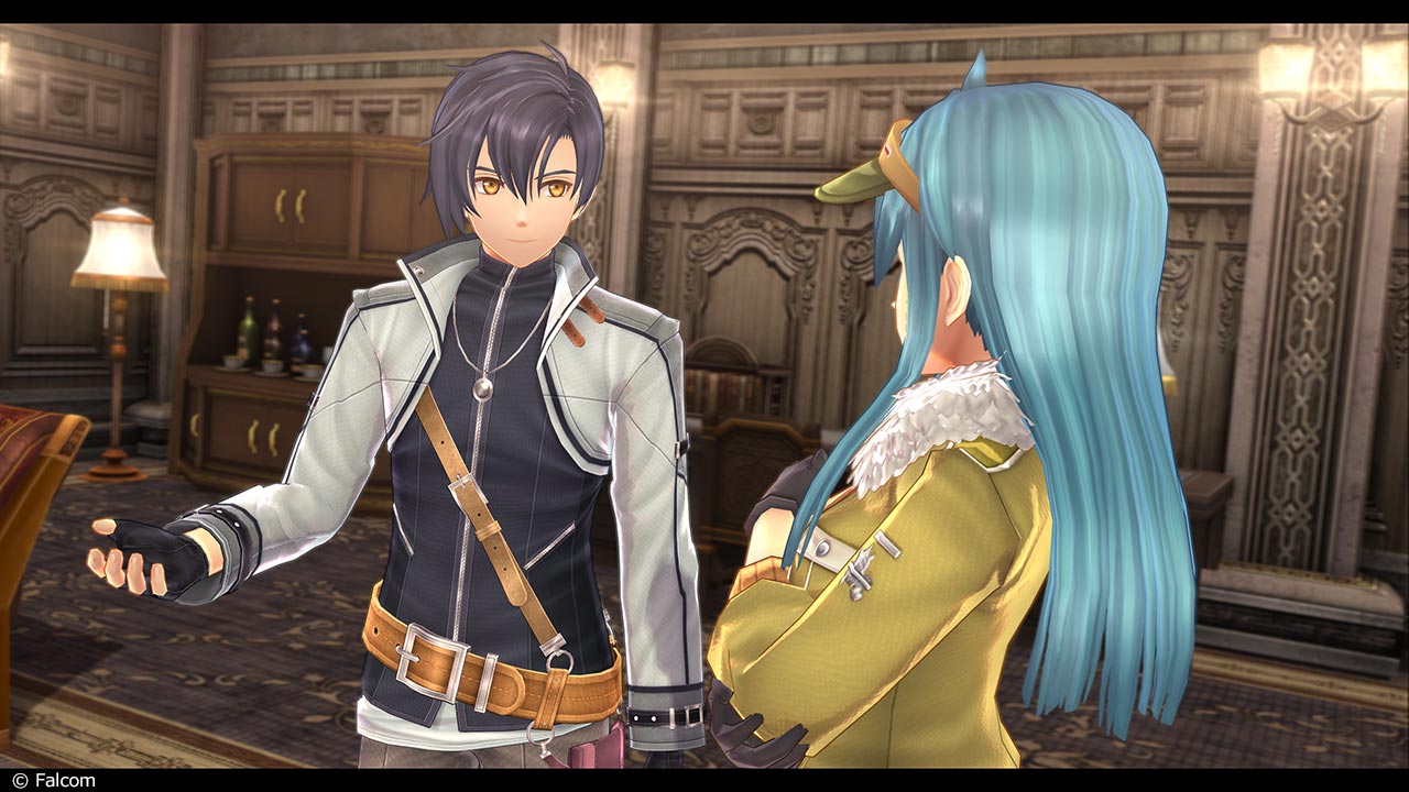 Screenshot of Rean in an explaining posture toward a blue-haired woman with her arms folded.