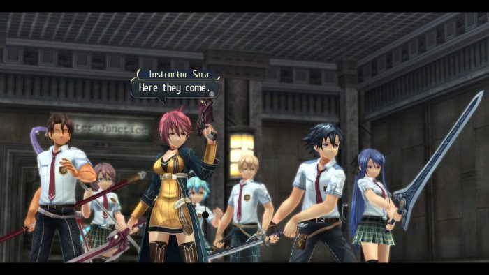 Captura de tela do Trails of Cold Steel de Sara, Rean e cinco outros membros da Classe VII se preparando para a batalha.