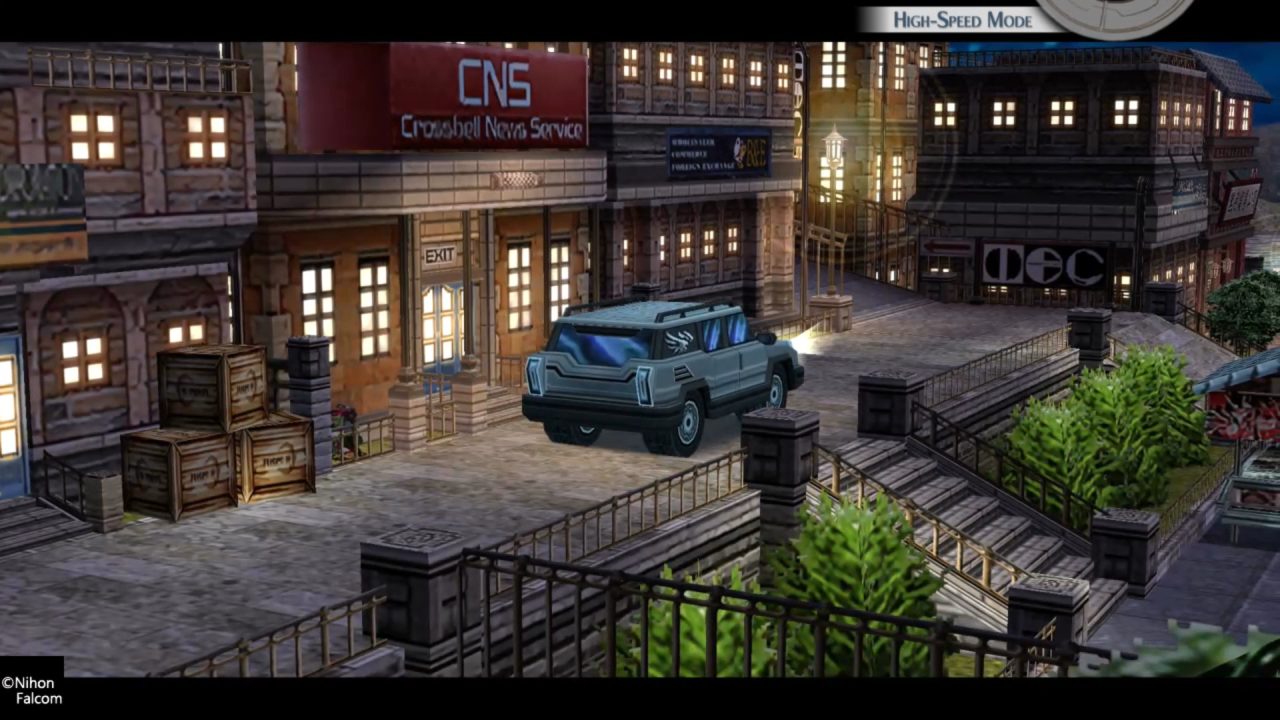 The Legend of Heroes: Trails to Azure screenshot of an SUV-like vehicle driving past the Crossbell News Service building in the Harbor District of Crossbell City. Textures and signs are noticeably blurry.