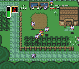 The Legend of Zelda: A Link to the Past screenshot of Link in Kakariko Village while chickens fly around.
