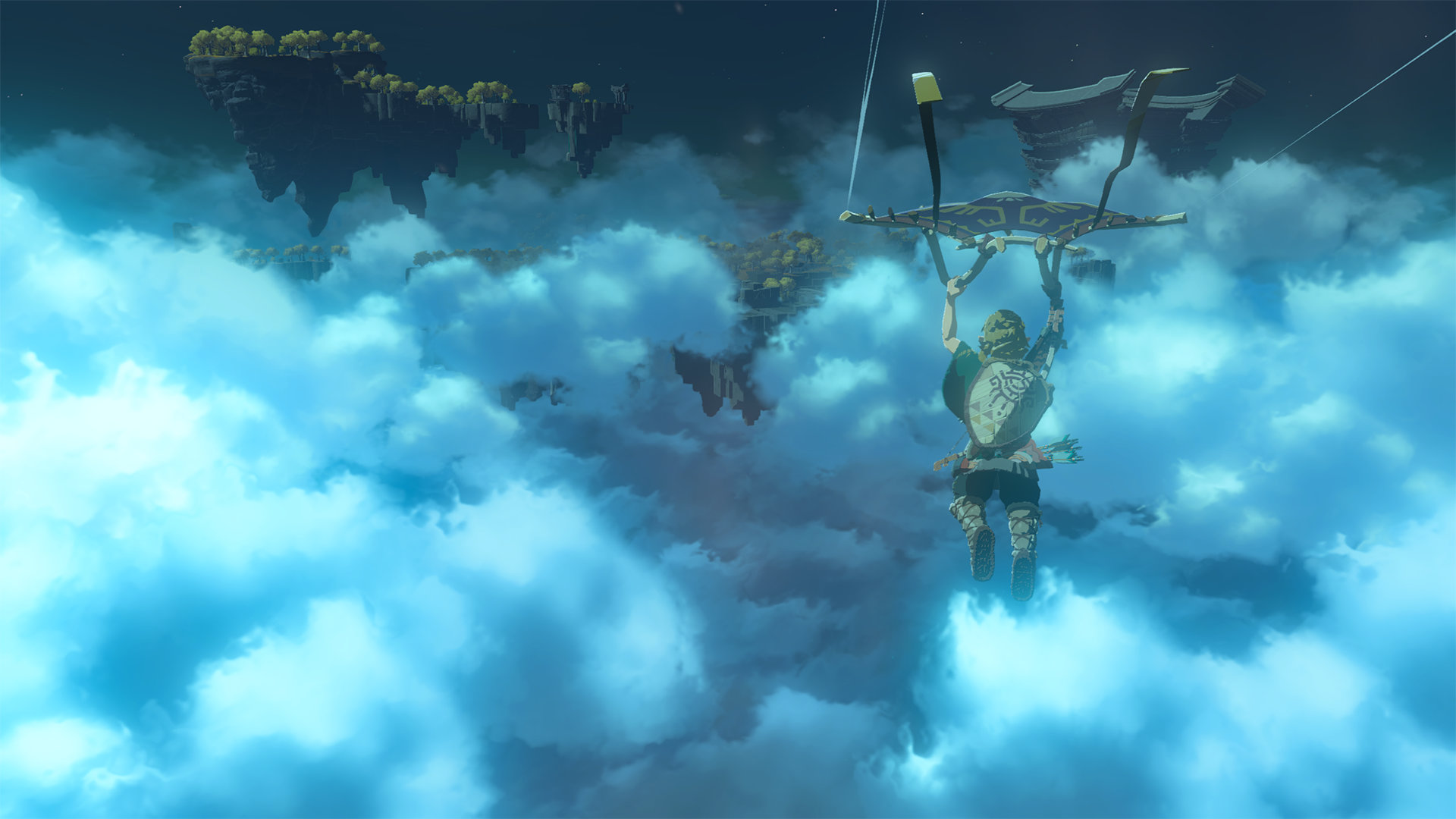 The Legend of Zelda: Breath of the Wild 2 Screenshot of Link paragliding in a vast open cloudy sky with floating islands across the landscape.