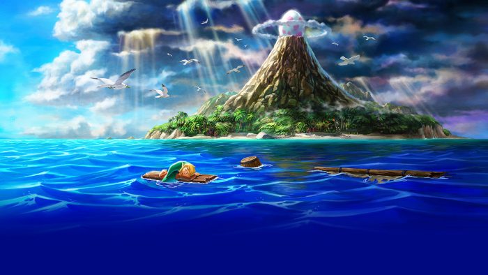 The Legend of Zelda: Links Awakening (2019) Artwork of Koholint Island as seen from the ocean, with a giant egg perched atop a steep mountain.