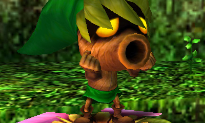 The Legend of Zelda Majoras Mask 3D Screenshot of Link turned into a tree-like Deku Sprite.