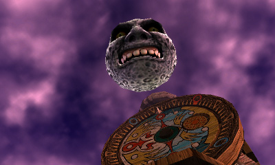 The Legend of Zelda Majoras Mask 3D Screenshot of angry moon bearing town on the wooden clock atop Clock Town against a purple cloudy sky.