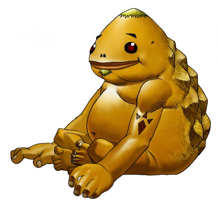 A stocky Goron with a rough rocky backside sitting and smiling from The Legend of Zelda: Ocarina of Time.