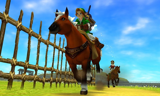 Link riding Epona during a race at LonLon Ranch in The Legend of Zelda Ocarina of Time 3D.