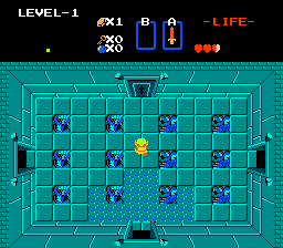 The Legend of Zelda screenshot of Link in a tiled dungeon room filled with statues.