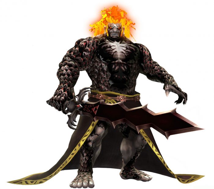 The Legend of Zelda Skyward Sword Artwork of Demise, a muscular man covered in black scales with flaming hair, carrying a large black and bronze spiked sword.