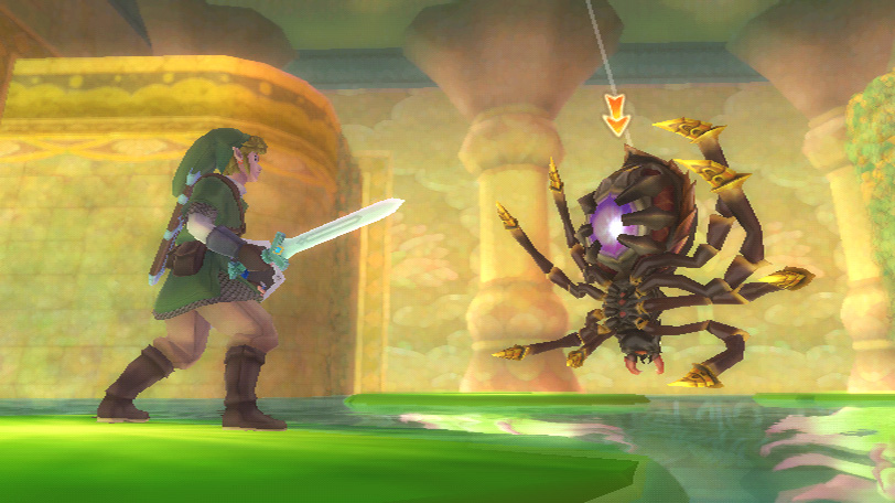 The Legend of Zelda Skyward Sword Screenshot of a water-filled dungeon room with Link facing off against a gigantic hanging spider.