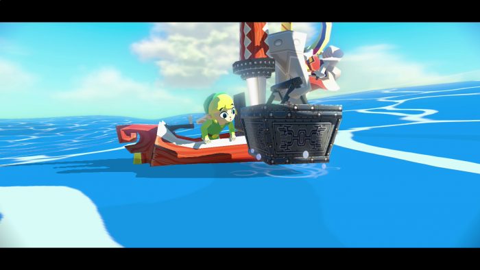 Link on a boat in Wind Waker looking with curiosity upon a treasure chest he fished up.