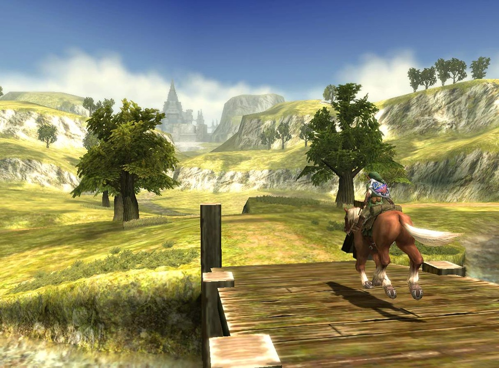 The Legend of Zelda Twilight Princess Screenshot of Link on his horse running through a large Hyrule Field with Hyrule Castle in the far distance.