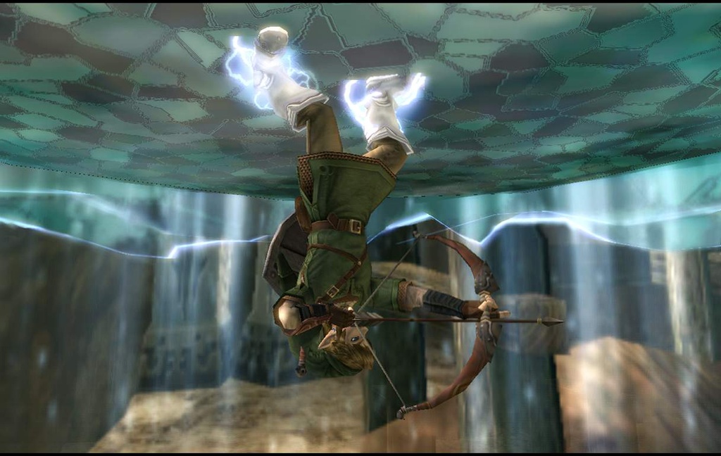 The Legend of Zelda Twilight Princess Screenshot of Link wielding a bow and arrow while standing on the ceiling with magnetic boots.