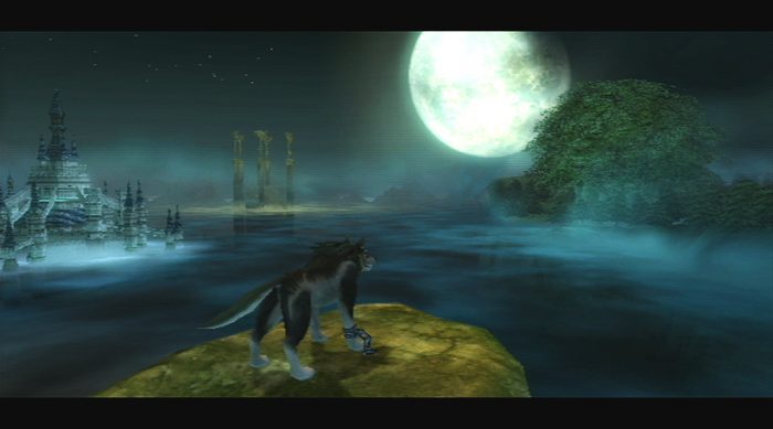 The Legend of Zelda Twilight Princess Screenshot of Link as a wolf overlooking a foggy Hyrule, with a castle, trees, and bright moon in the distance.