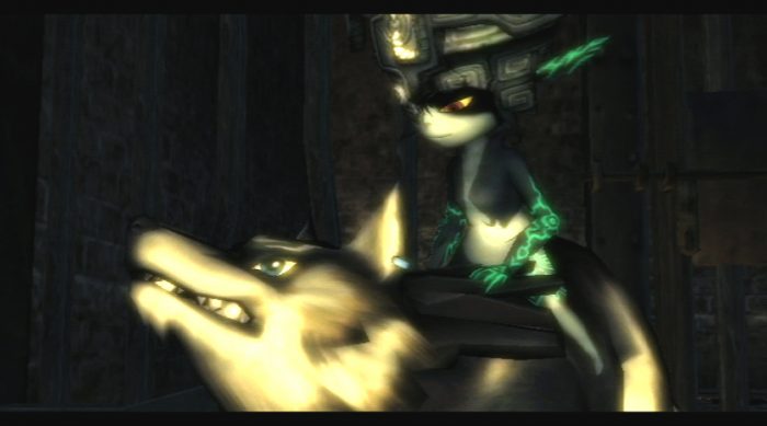 The Legend of Zelda Twilight Princess Screenshot of the impish Midna riding on the Link's back in wolf form.