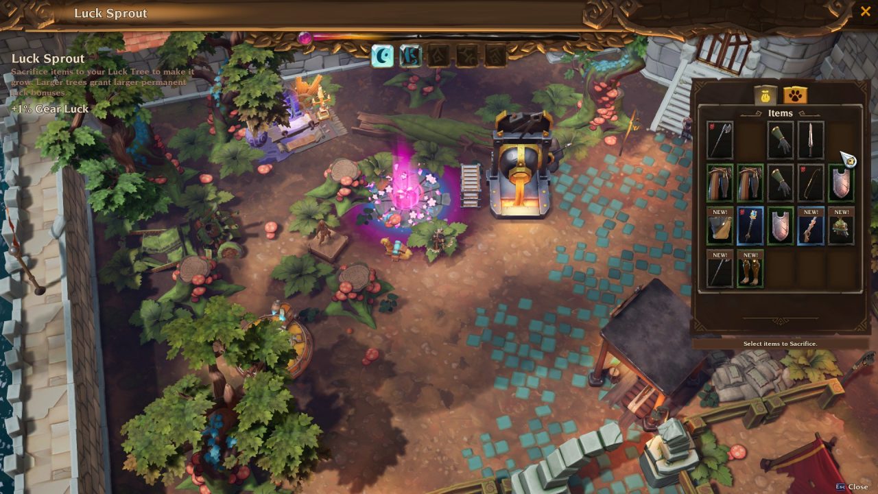 A screenshot of Torchlight III showcase the player's Fort with a magic tree they are growing in it.