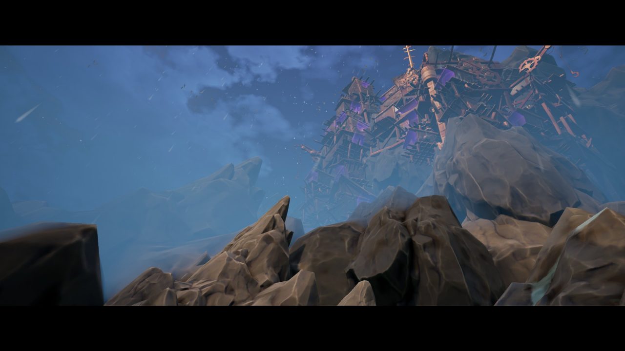 A screenshot from Torchlight III showing a scene of a clockwork scrapyard city built on the side of a mountain as rain falls.