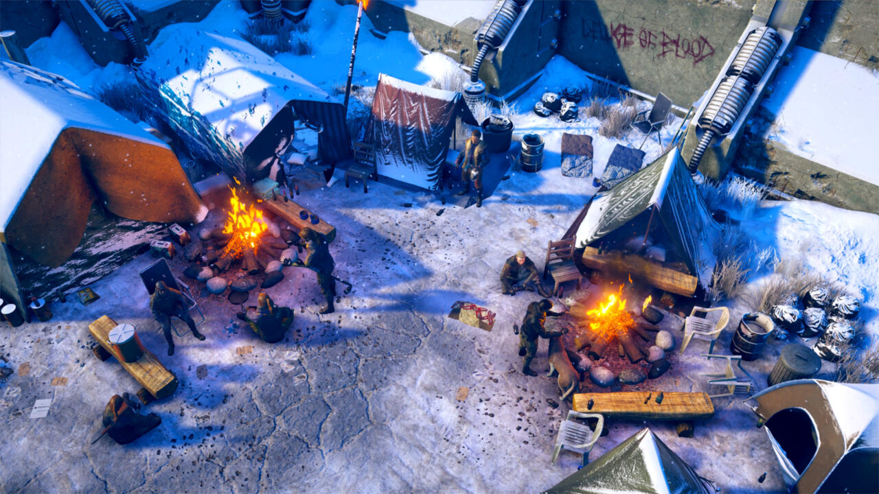 A winter campground with two fires going and three snow-covered tents surrounding them.