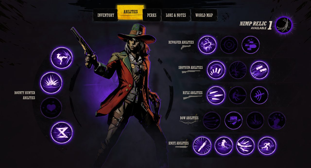 Weird West screenshot of a female marshall on an abilities screen, with several icons for abilities based on weapon type, such as revolvers, rifles, and knives.