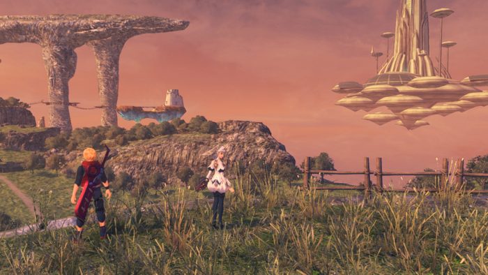 The crew explores some ruins at sunset with a floating edifice in the distance.