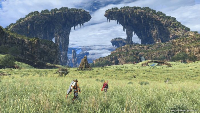 Shulk and company traverse the gorgeous landscape of Xenoblade Chronicles.