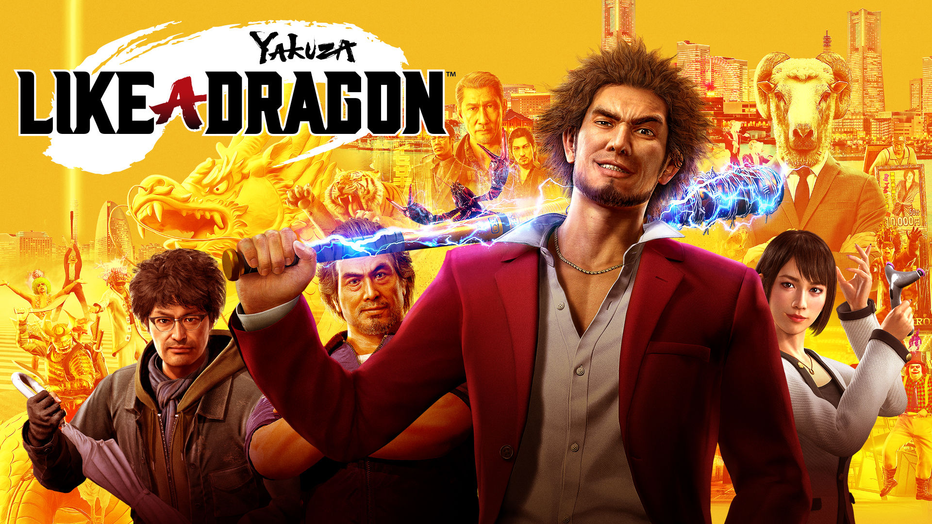 Protagonist Ichiban Kasuga in the foreground with several other characters in the background.