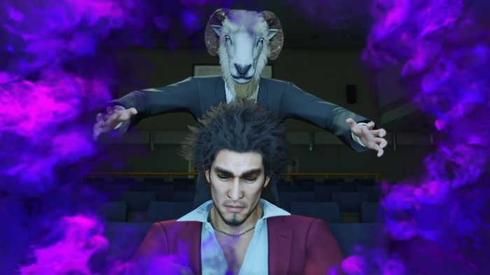 Yakuza: Like a Dragon protagonist Ichiban Kasuga in the foreground with a man in an animal mask in the background.