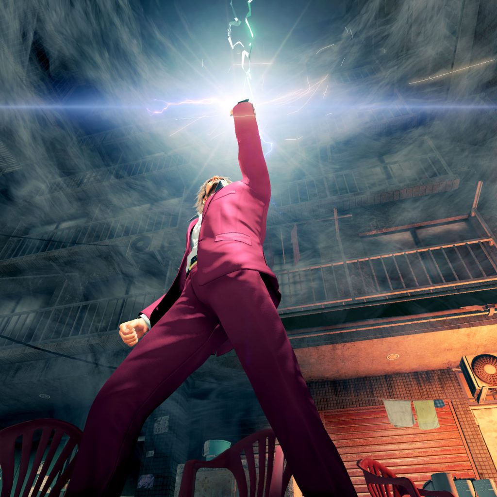 Ichiban raising his arm in the air as his fist shines and crackles with electricity.