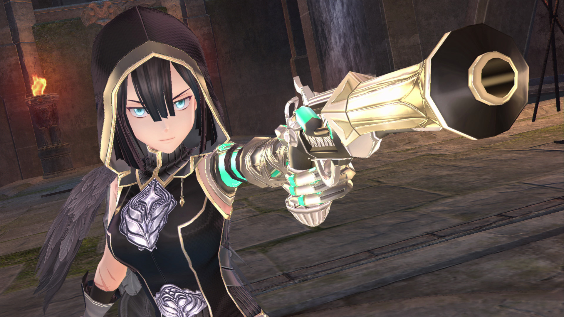 Aprilis, in a gold-trimmed hood, brandishes her Monstrum gun weapon in this Ys IX: Monstrum Nox screenshot.