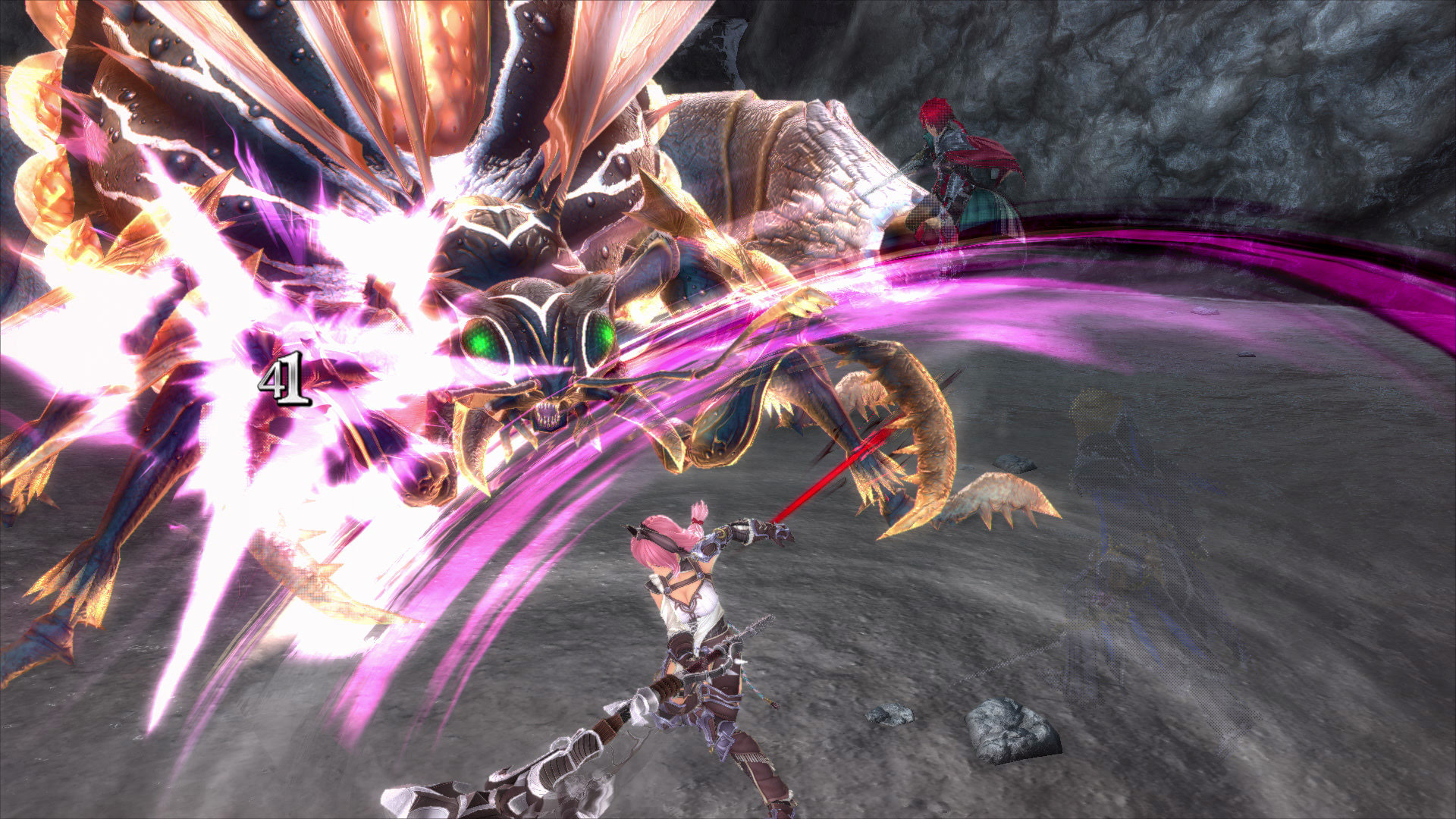 Ys IX: Monstrum Nox screenshot of a pink-haired character striking a large bug/bear monster with a purple trail of light.