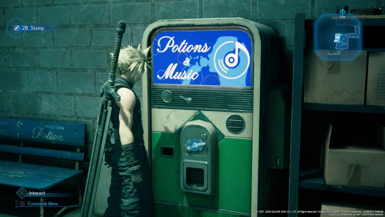 Cloud stands to the left of a vending machine that looks like a jukebox with "Potions And Music" in a blue lit area at the top.