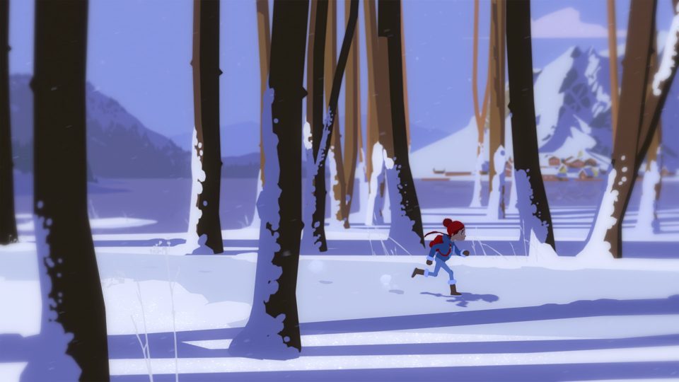 Person in a snow cap dashes between wintry tree trunks.