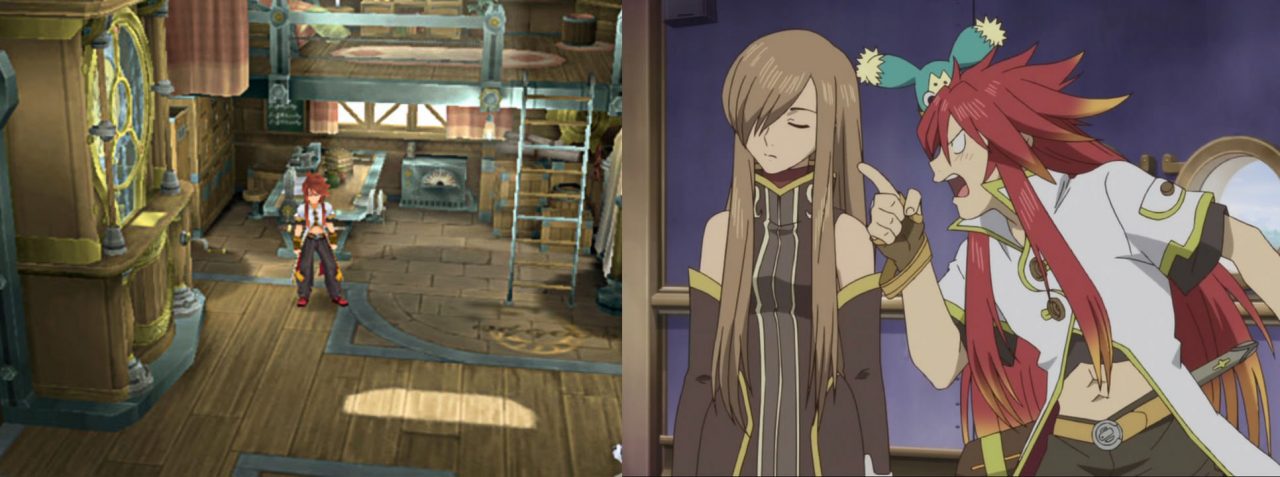 Tales of the Abyss and the anime, with Luke fon Fabre, Tear, and Mieu