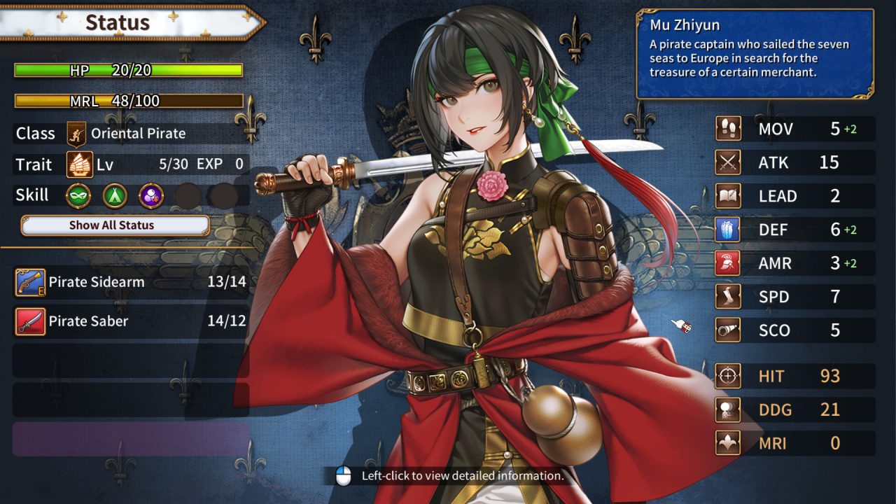 A pirate lady in black and red attire slings a dagger along her shoulder on the status screen.