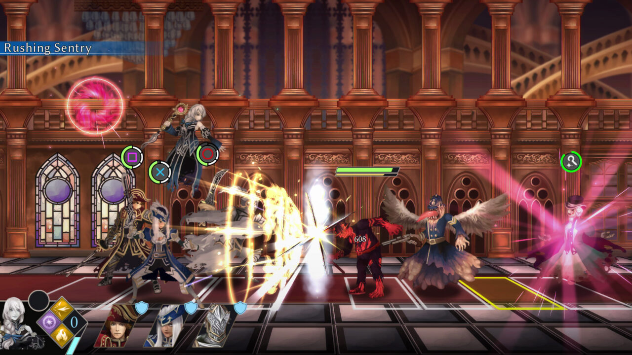 A battle in a pillared hall between a mage firing a blast and some harpies.