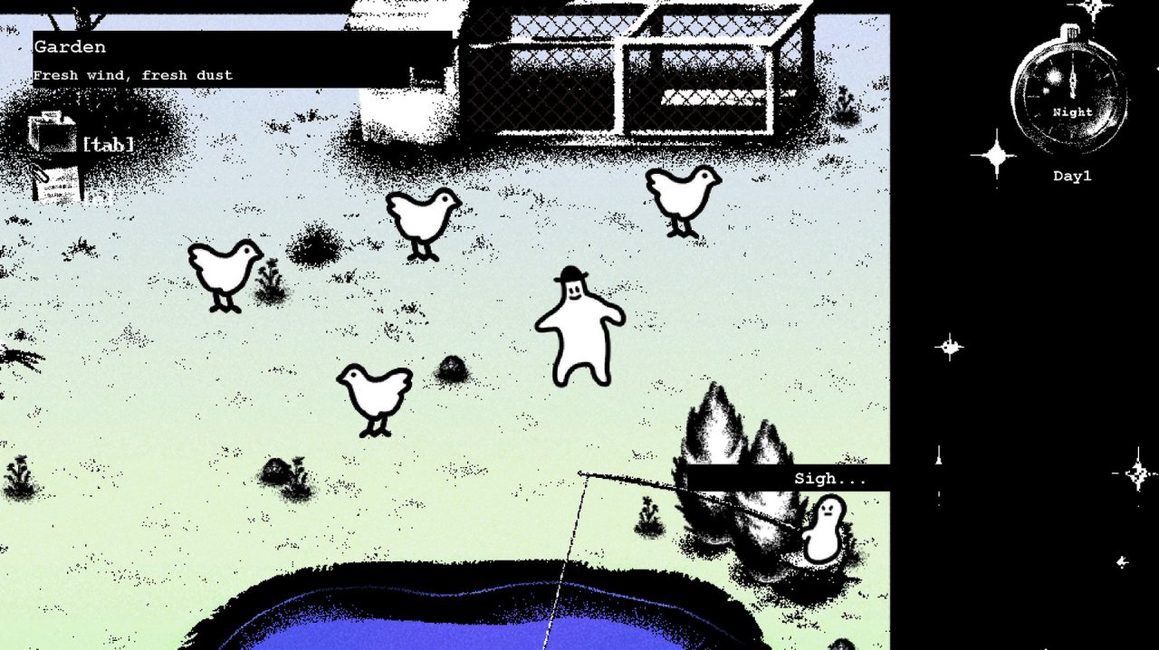 A blobby-looking man in a hat walks in a field with a pond and a chicken coop. Four simple outline chickens surround him.