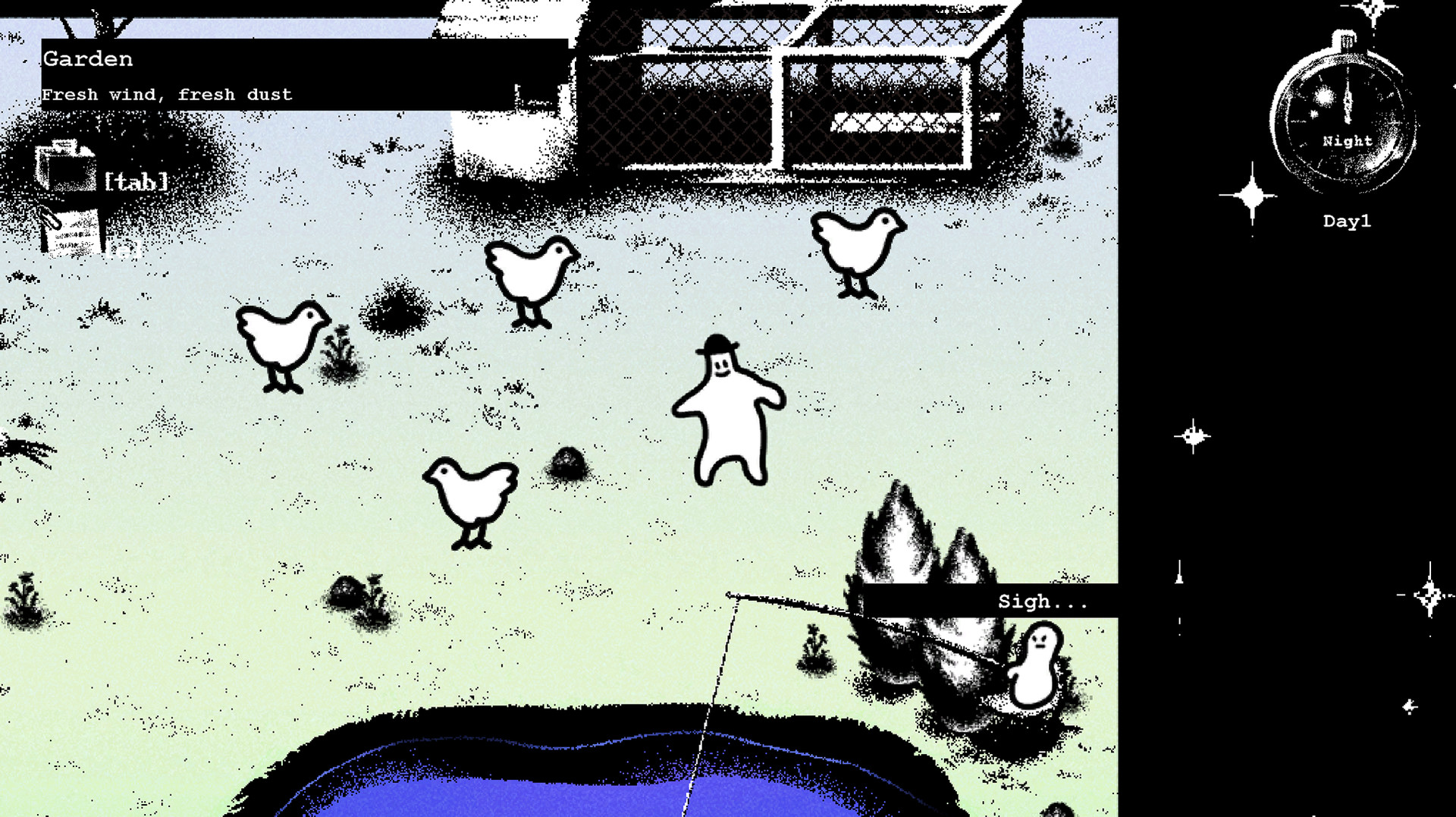 A blobby-looking man in a hat walks in a field with a pond and a chicken coop. Four simple outline chickens surround him.