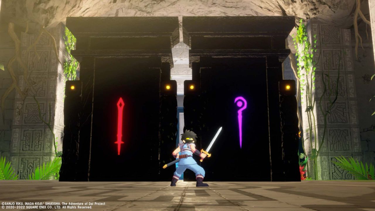 Dai in the Temple of Memories dungeon deciding between two doors.