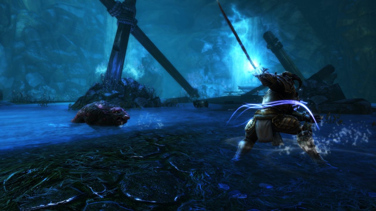 A blue-tinted battlefield in Kingdoms of Amalur: Re-Reckoning.