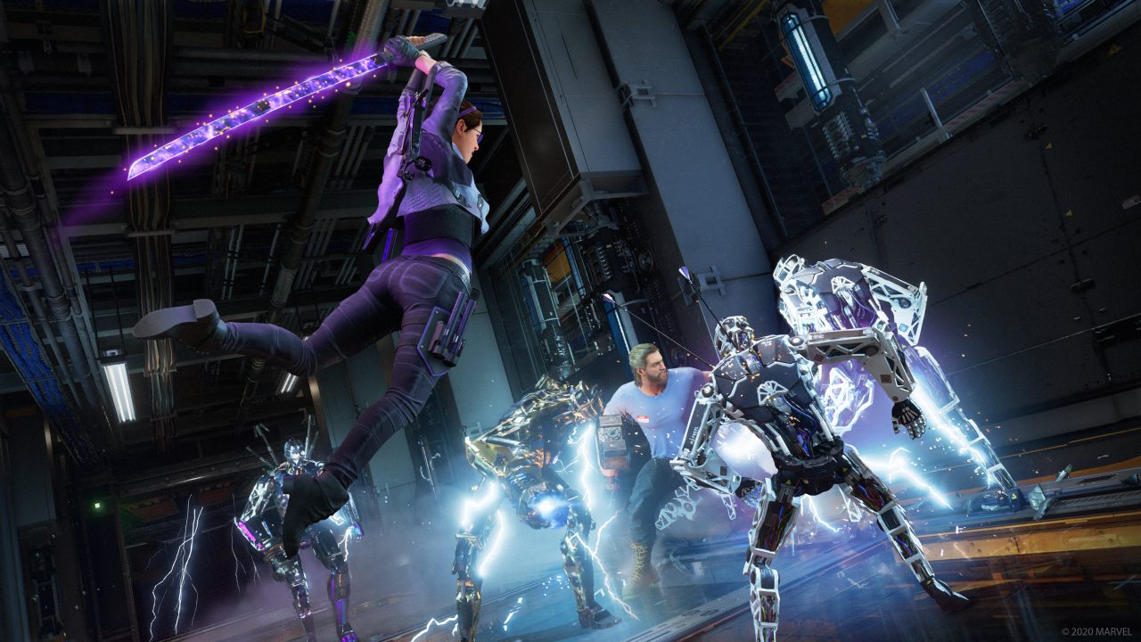 Kate leaps into battle, sword drawn, with allies at her side to take on some robots.